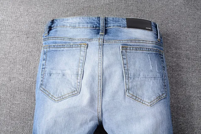 Distressed Paint-Splattered Patchwork Slim-Fit Blue Jeans 6