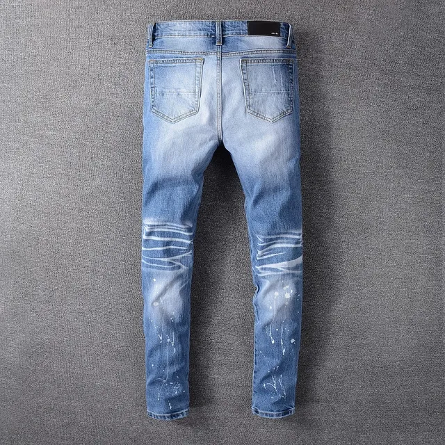 Distressed Paint-Splattered Patchwork Slim-Fit Blue Jeans 8