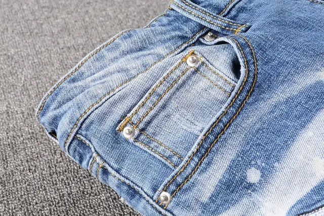 Distressed Paint-Splattered Patchwork Slim-Fit Blue Jeans 9
