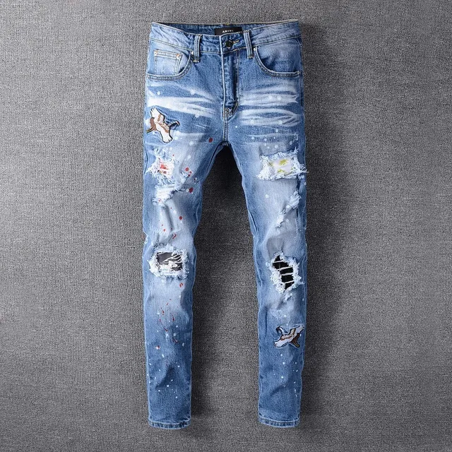 Distressed Paint-Splattered Patchwork Slim-Fit Blue Jeans 16