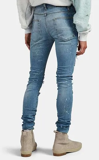 Distressed Paint-Splattered Patchwork Slim-Fit Blue Jeans 17