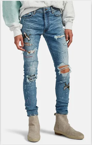 Distressed Paint-Splattered Patchwork Slim-Fit Blue Jeans 20