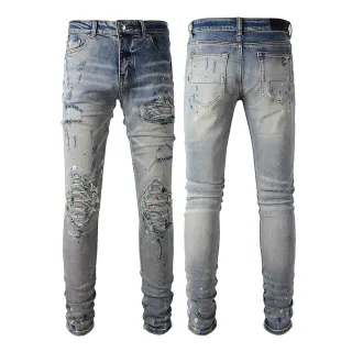 Distressed Paint-Splattered Slim-Fit Light Wash Jeans