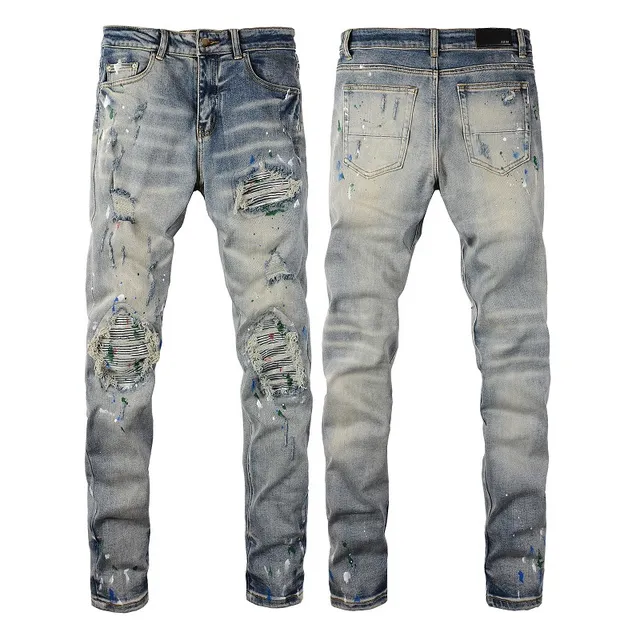 Distressed Paint-Splattered Slim-Fit Light Wash Jeans 2