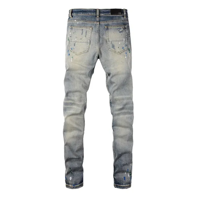 Distressed Paint-Splattered Slim-Fit Light Wash Jeans 3