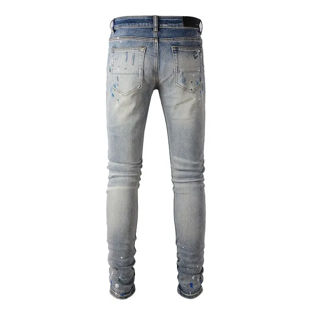 Distressed Paint-Splattered Slim-Fit Light Wash Jeans 5