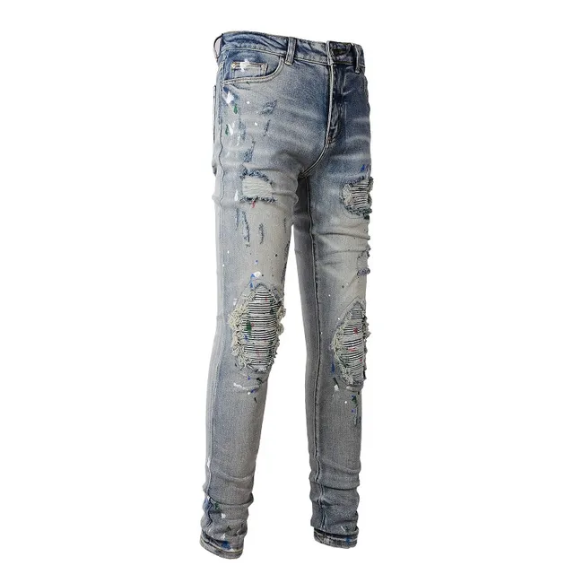 Distressed Paint-Splattered Slim-Fit Light Wash Jeans 6