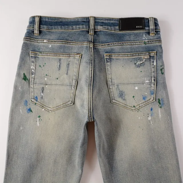 Distressed Paint-Splattered Slim-Fit Light Wash Jeans 12