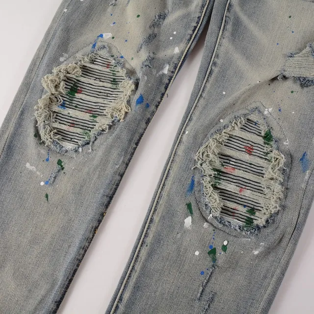 Distressed Paint-Splattered Slim-Fit Light Wash Jeans 13