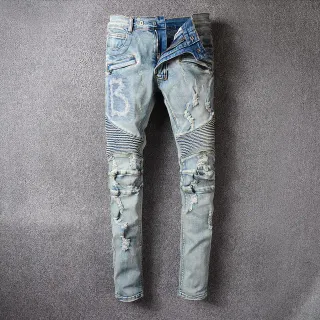Distressed Panelled Light-Wash Blue Slim-Fit Jeans