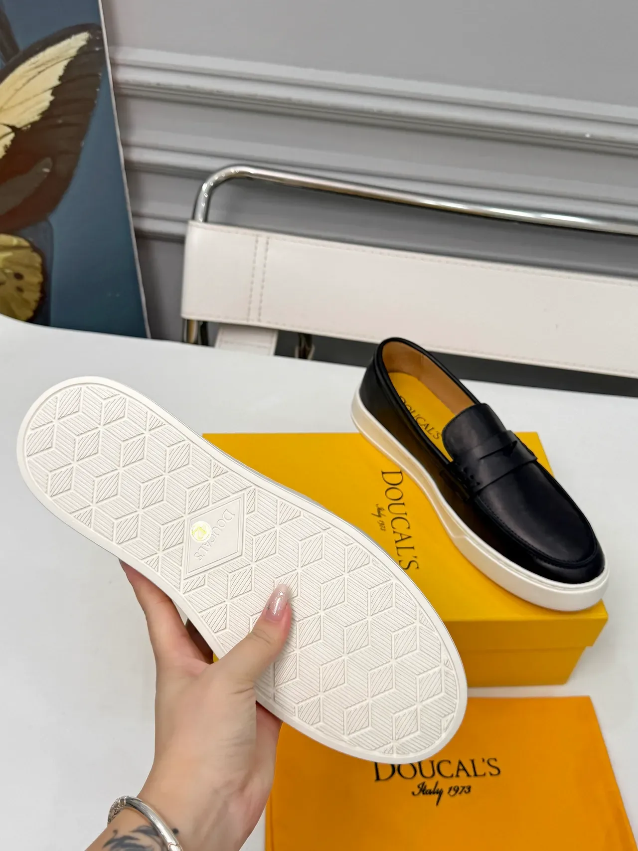 DOUCAL'S Black White Leather Penny Strap Loafer 2