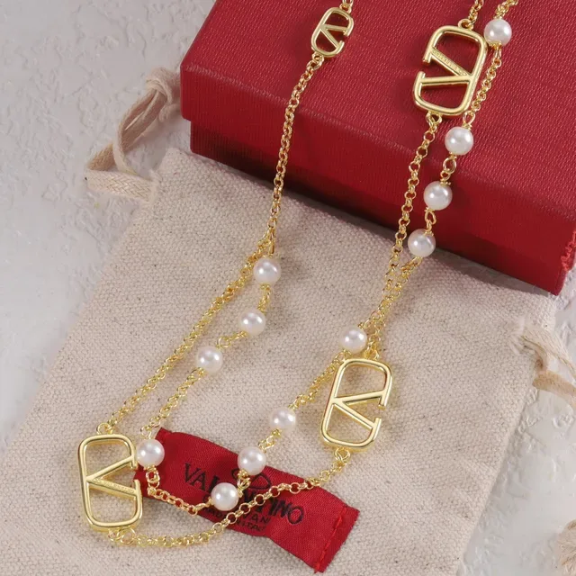 Dual-Layer Pearl and V-Charmed Chain Necklaces 2