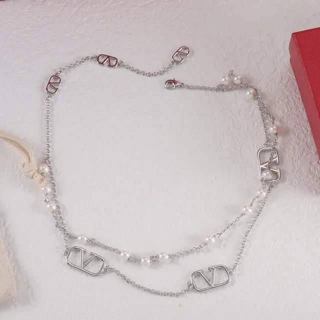 Dual-Layer Pearl and V-Charmed Chain Necklaces 5