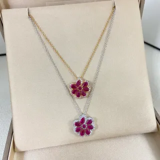 双色调花卉红宝石和镶嵌吊坠项链
