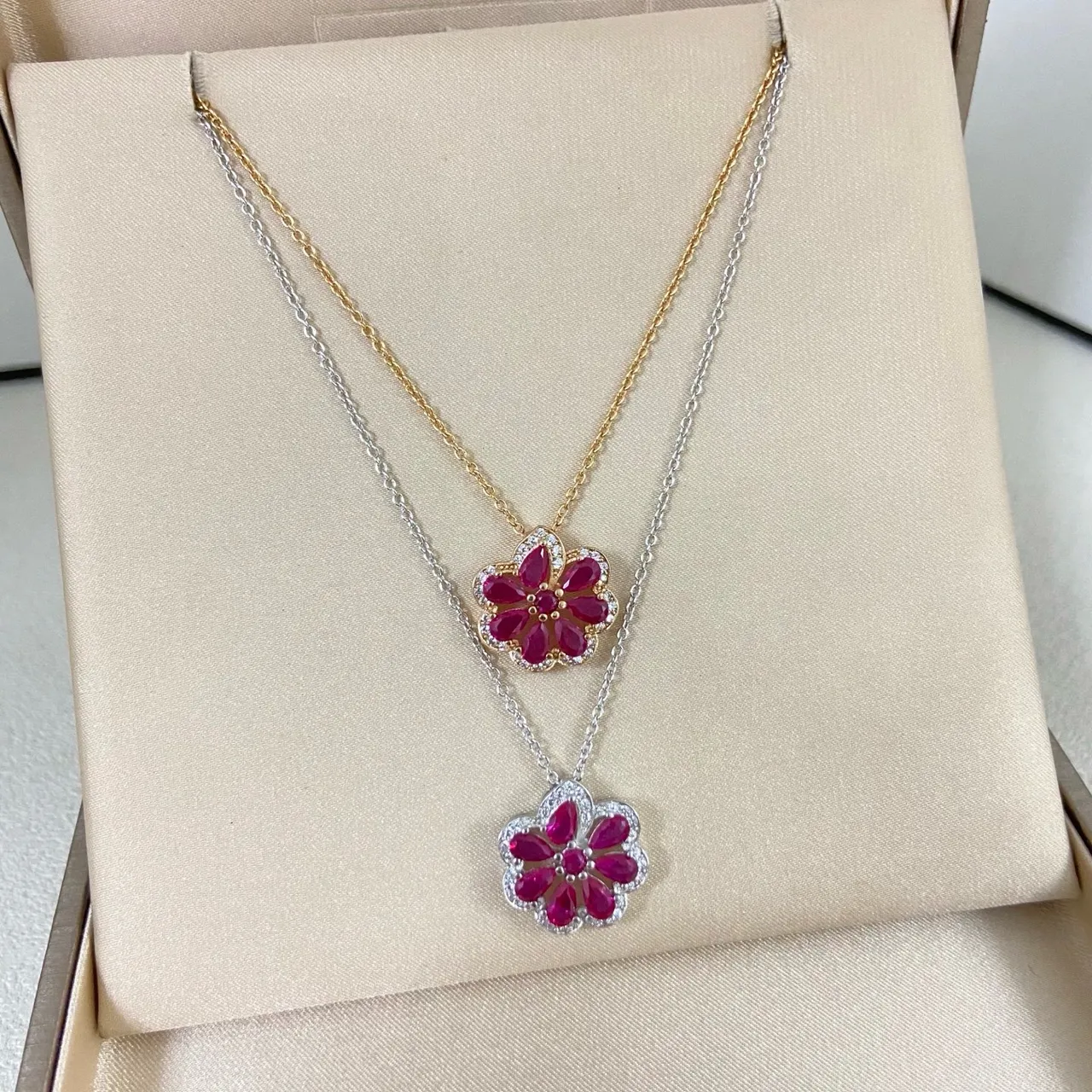 Dual-Tone Floral Ruby and Pavé Pendant Necklaces 2