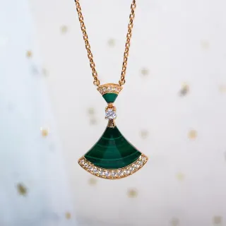 Fan-Shaped Malachite and Pavé Stone Gold-Tone Necklace