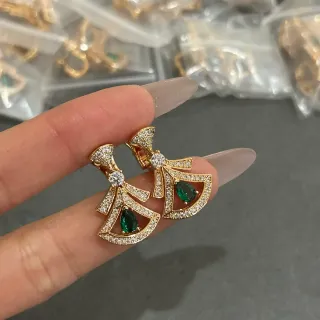 Fan-Shaped Pavé-Set Teardrop Green Stone Gold-Tone Earrings