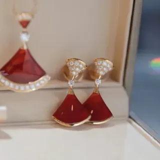 Fan-Shaped Red Stone and Pavé Diamond Earrings