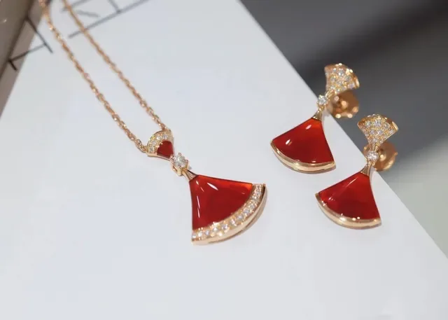 Fan-Shaped Red Stone and Pavé Diamond Earrings 6