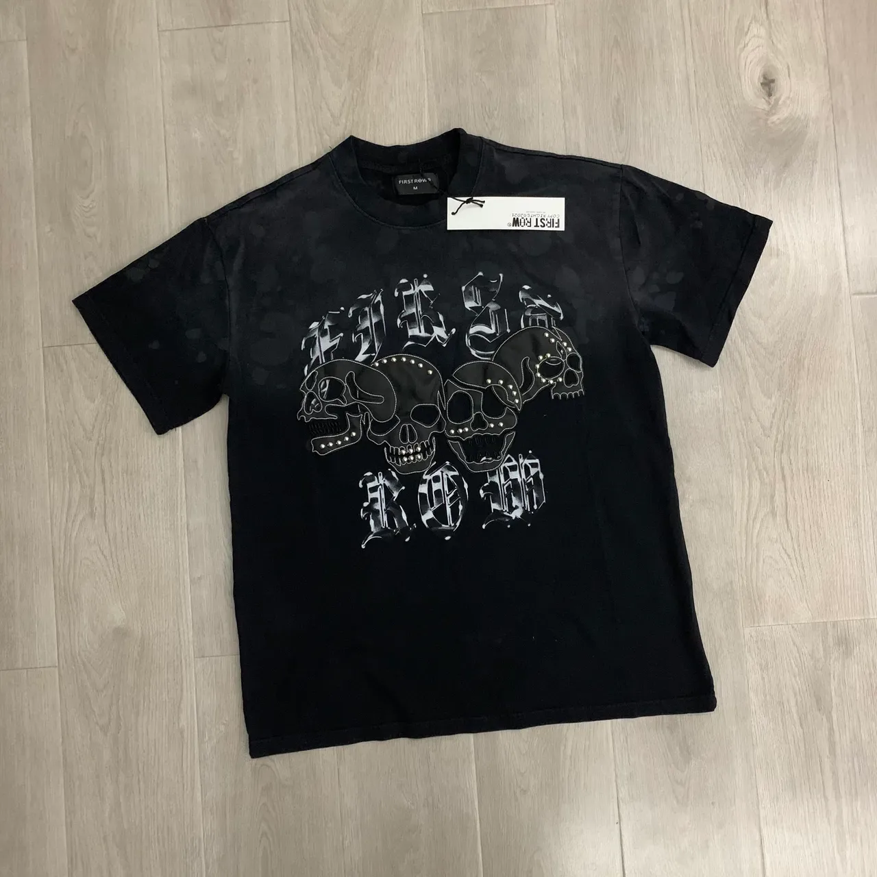 FIRST ROW Bleach-Wash Black Graphic Skull Print T-Shirt 5