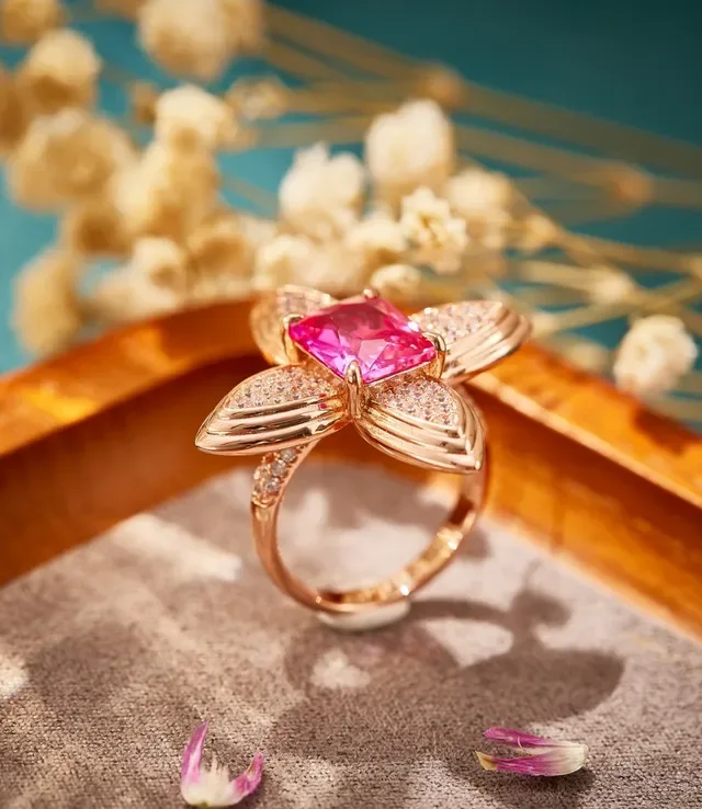 Floral Motif Pink Gemstone Pavé Diamond Ring 5