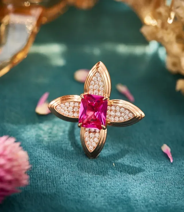 Floral Motif Pink Gemstone Pavé Diamond Ring 6