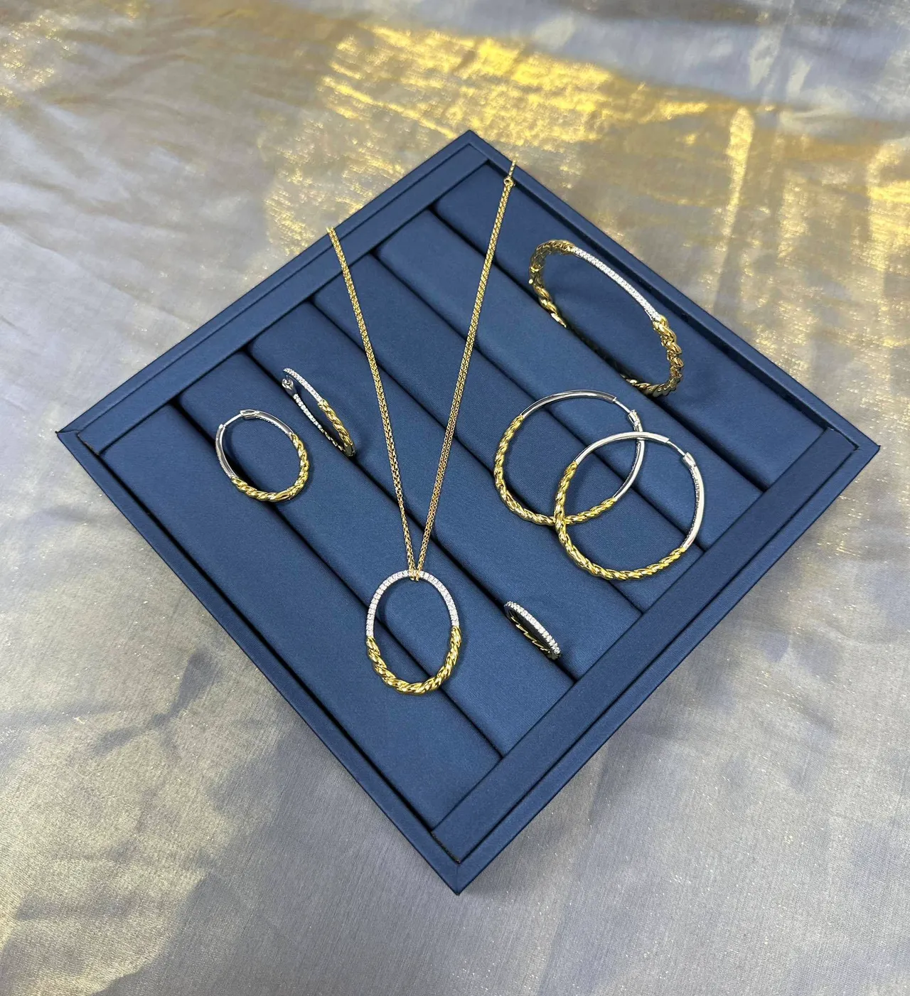 Gold and Silver-Tone Twisted Rope Pavé Hoop Earrings 7
