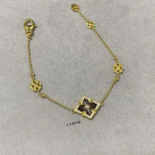 Pulsera de cadena dorada negra con eslabones de medallón floral