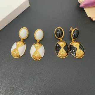 Gold Black Double-Oval Drop Fan Motif Earrings