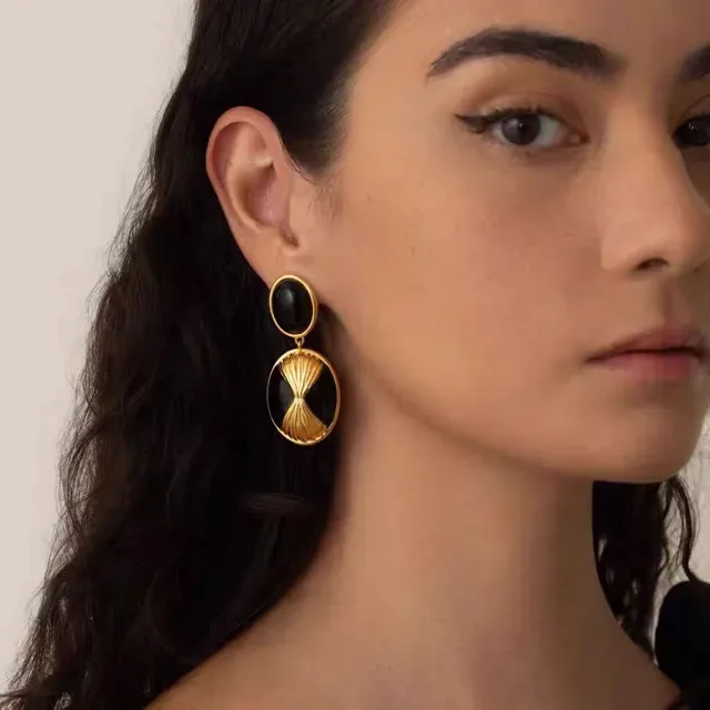 Gold Black Double-Oval Drop Fan Motif Earrings 2