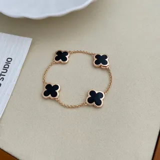 Ouro Preto Trébol de Quatro Folhas Charms Esmalte Inlay Pulseira