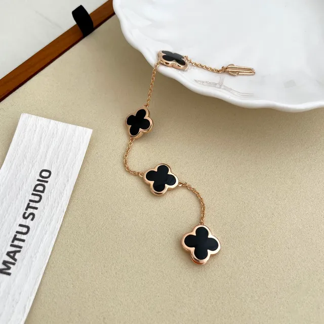 Gold Black Four-Leaf Clover Charms Enamel Inlay Bracelet 5