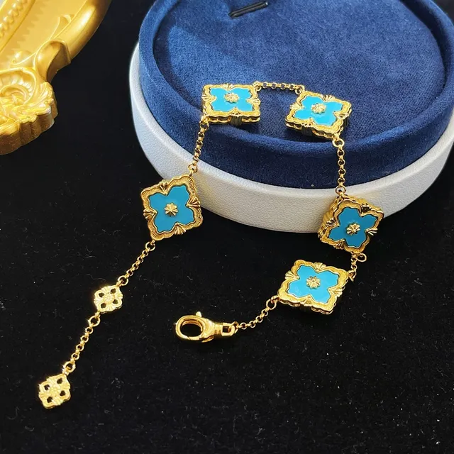Gold Blue Chain Turquoise Enamel Quatrefoil Motifs Bracelet 2