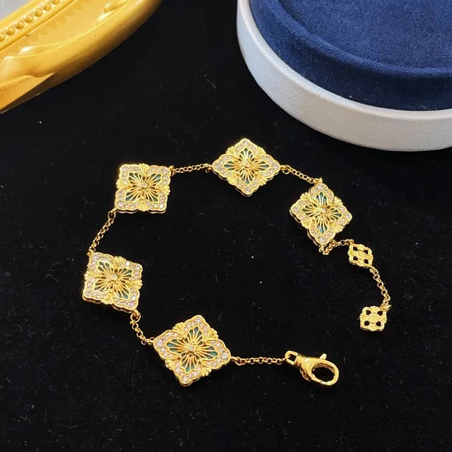 Gold Blue Chain Turquoise Enamel Quatrefoil Motifs Bracelet 3