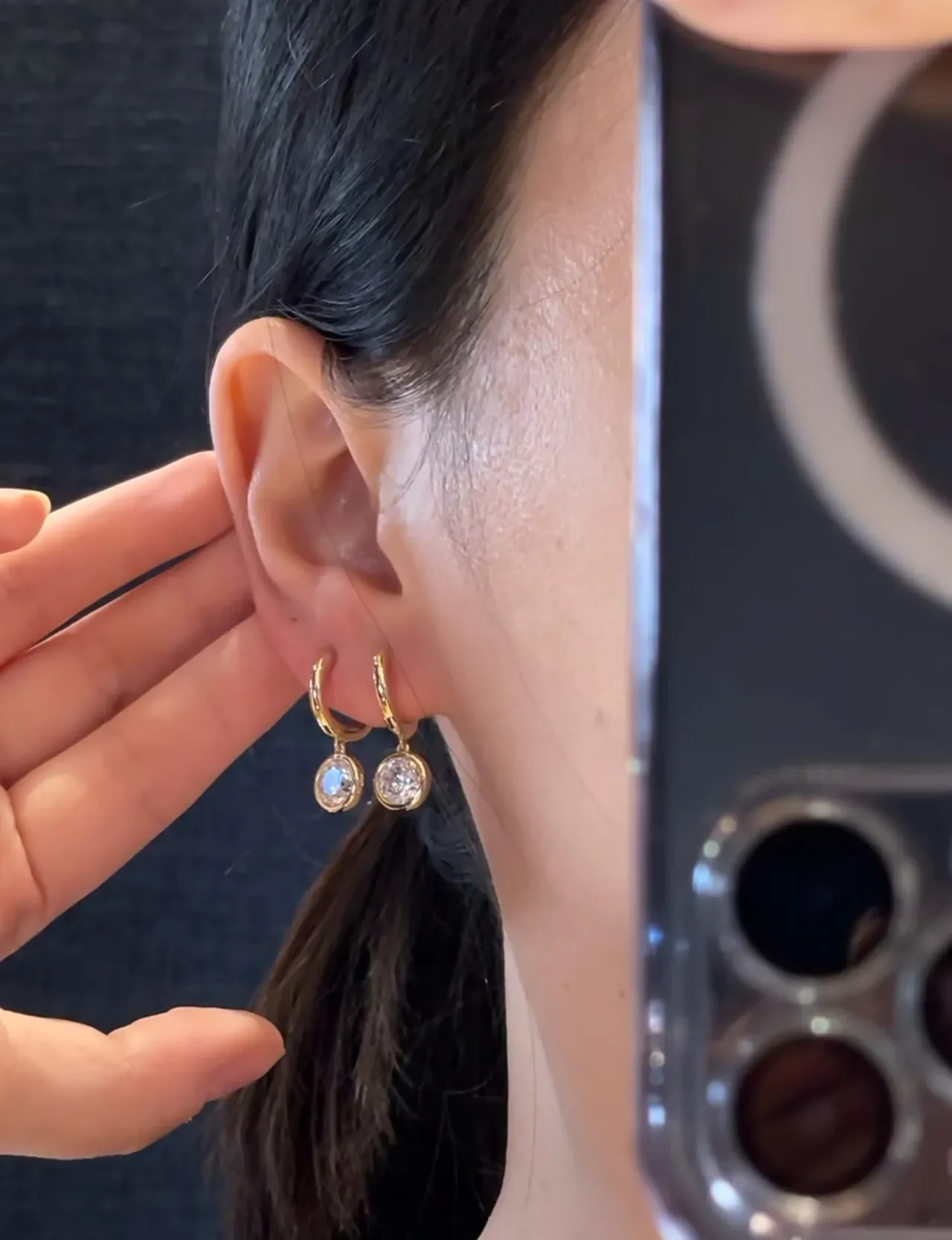 Gold Blue Hoop Dangling Clear Stone Pendants Earrings 2