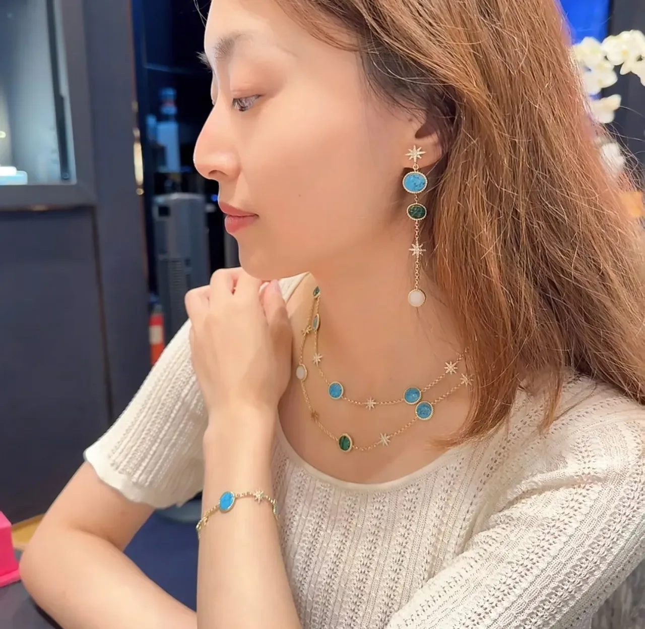 Gold Blue Multi-Stone Drop Earrings 2