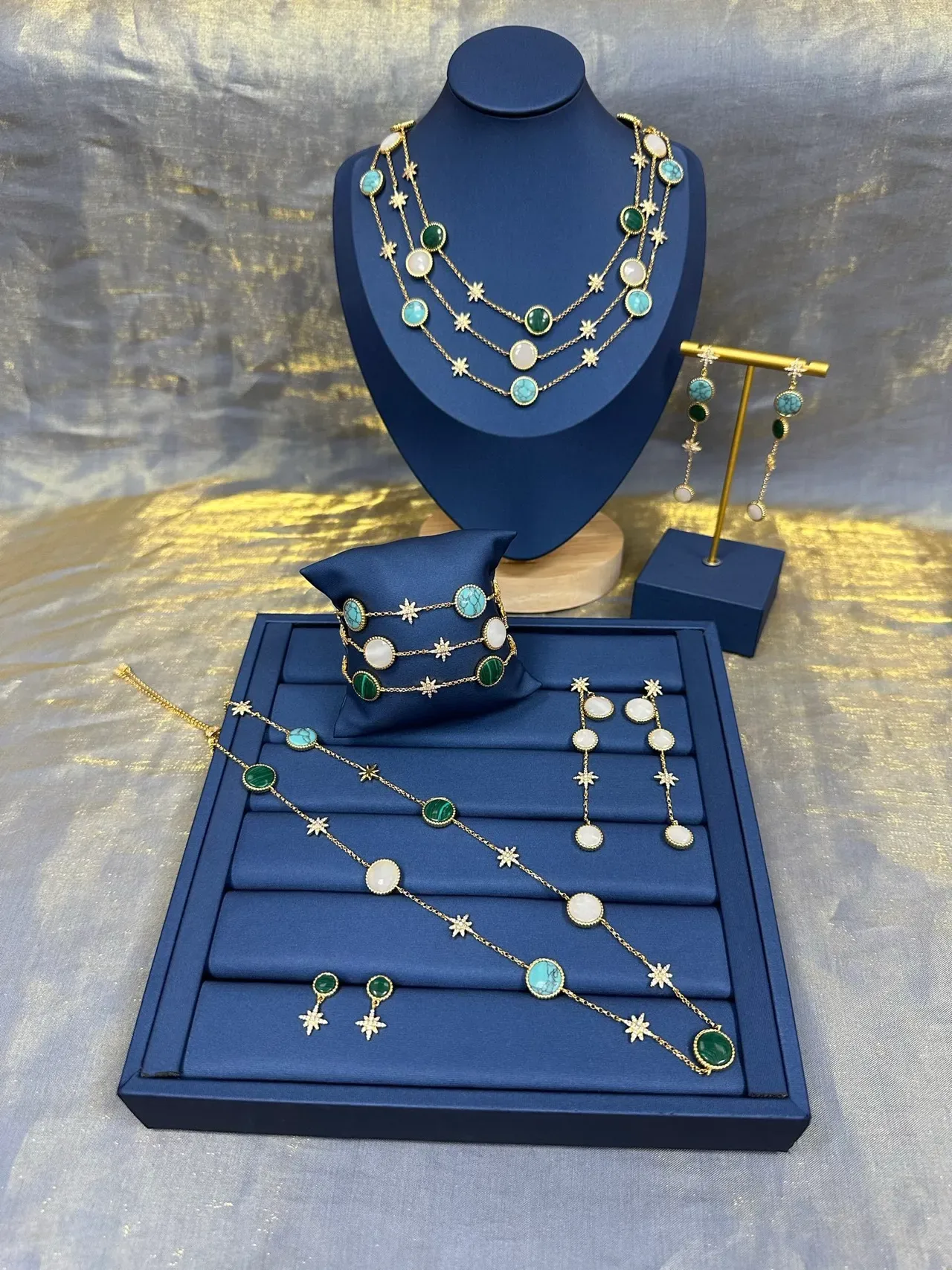 Gold Blue Multi-Stone Drop Earrings 6