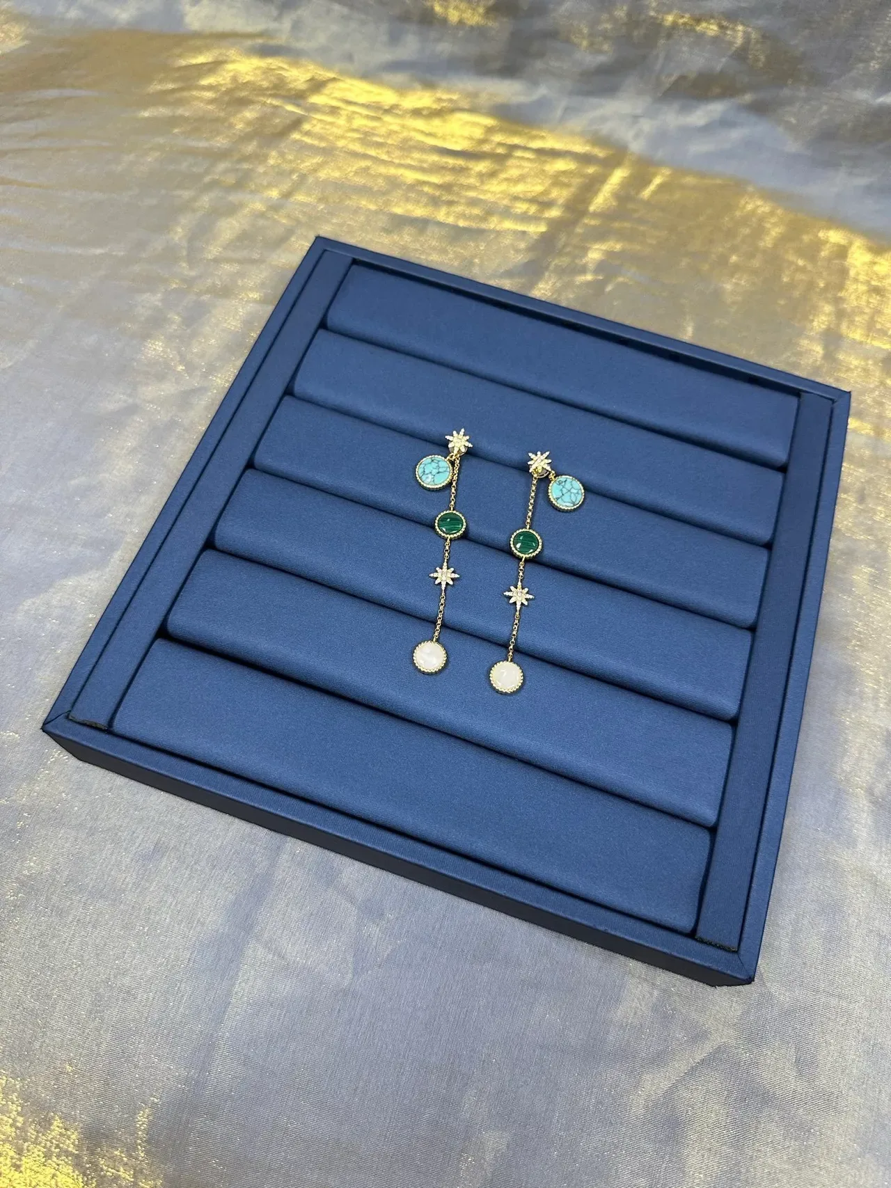 Gold Blue Multi-Stone Drop Earrings 7