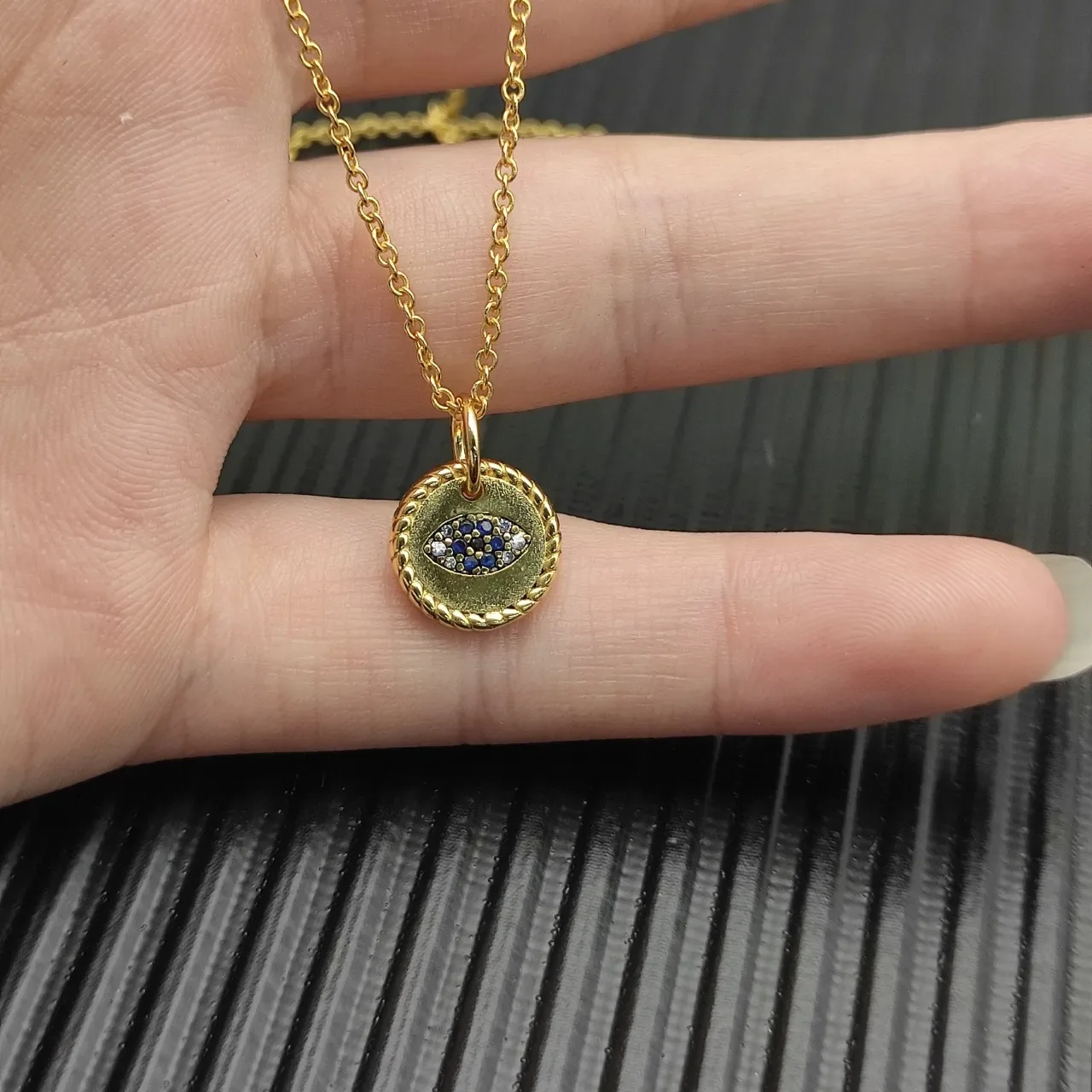 Gold Blue Rope-Edge Circular Pendant Evil Eye Motif Necklace 4