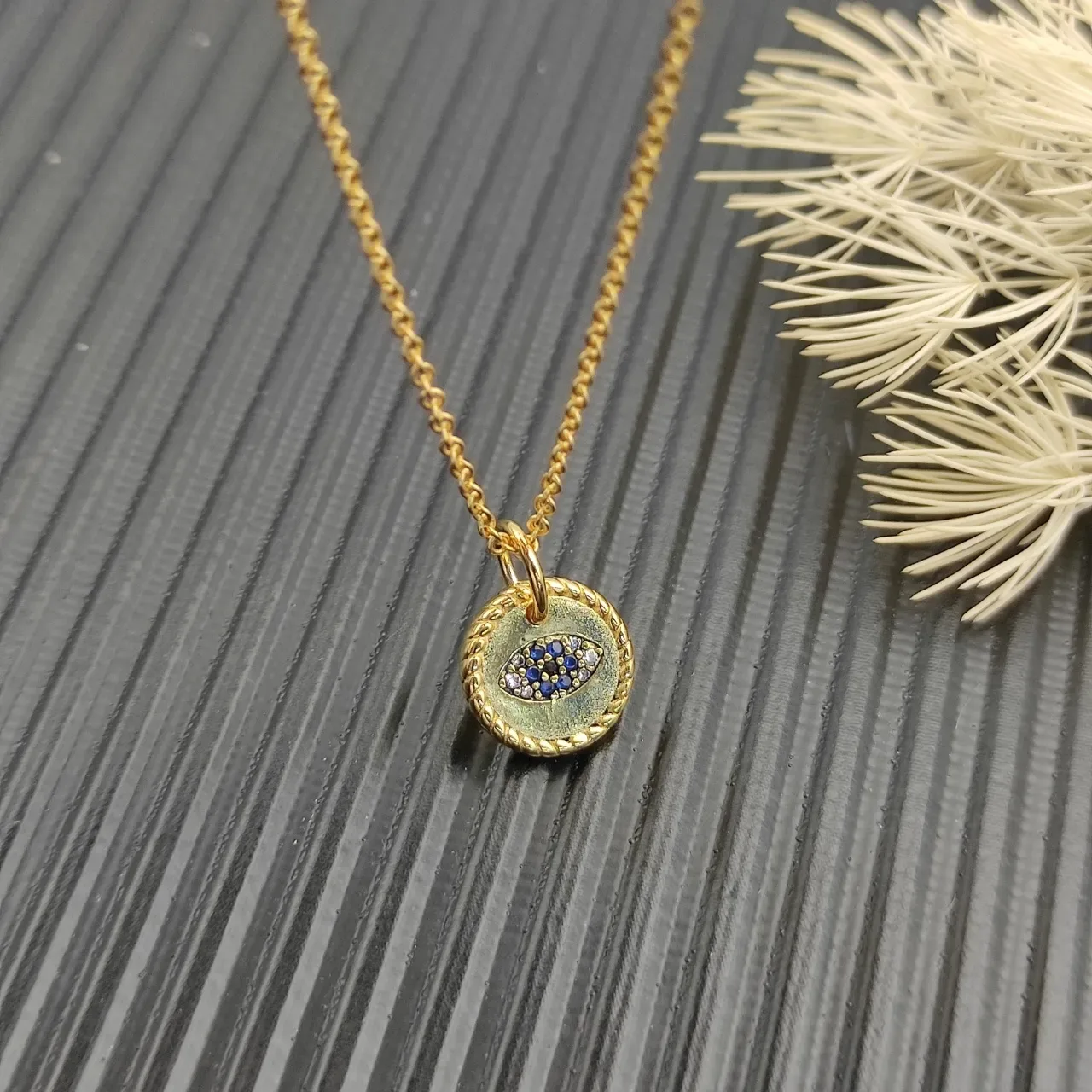 Gold Blue Rope-Edge Circular Pendant Evil Eye Motif Necklace 6
