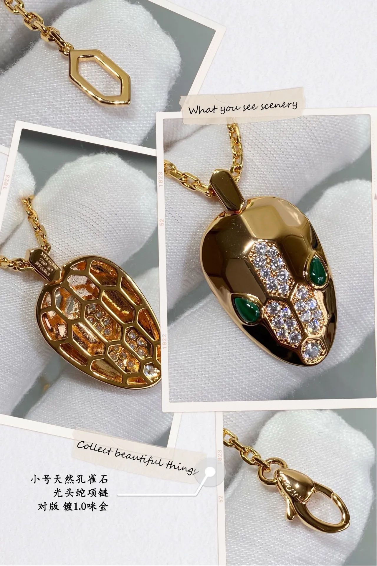 Gold Green Snake-Head Pendant Pavé-Set Stones Necklace 3
