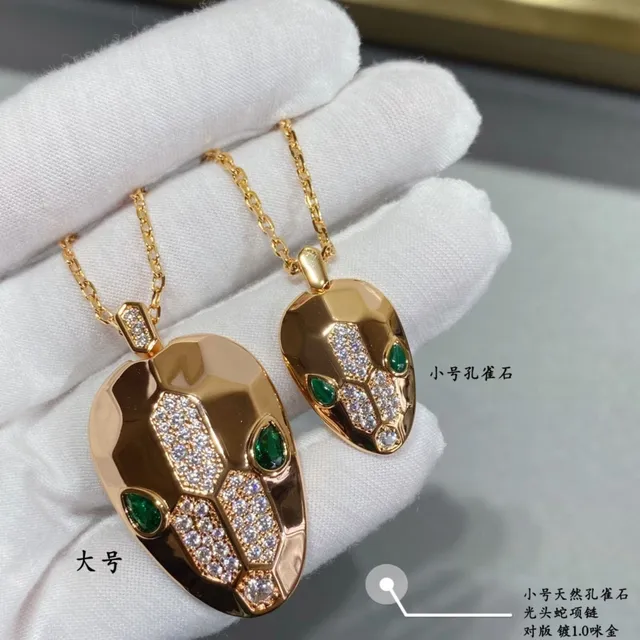 Gold Green Snake-Head Pendant Pavé-Set Stones Necklace 4