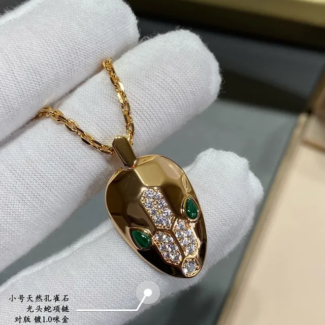 Gold Green Snake-Head Pendant Pavé-Set Stones Necklace 6