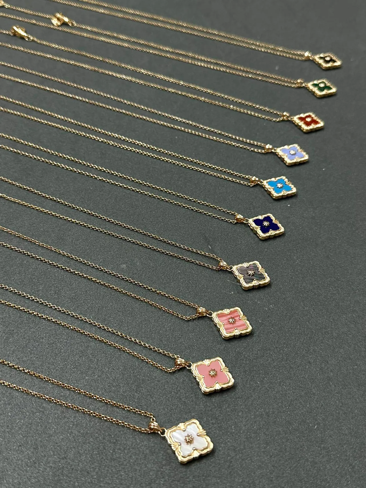 Gold Multicolor Clover-Shaped Enamel Pendants Fine Link Chains Necklace 9