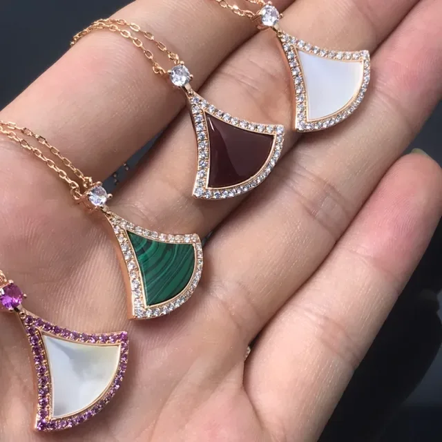 Gold Multicolor Fan-Shaped Pendant Pavé Gemstone Border Necklace 2