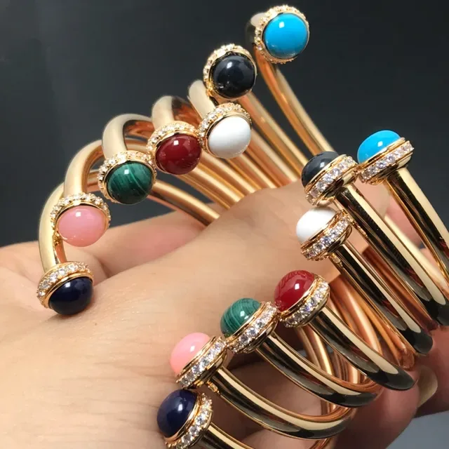 Gold Multicolor Open Cuff Cabochon Gemstone Center Bracelet 2