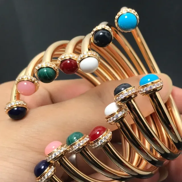 Gold Multicolor Open Cuff Cabochon Gemstone Center Bracelet 3