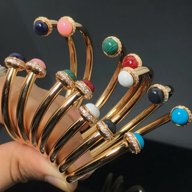 Gold Multicolor Open Cuff Cabochon Gemstone Center Bracelet 5
