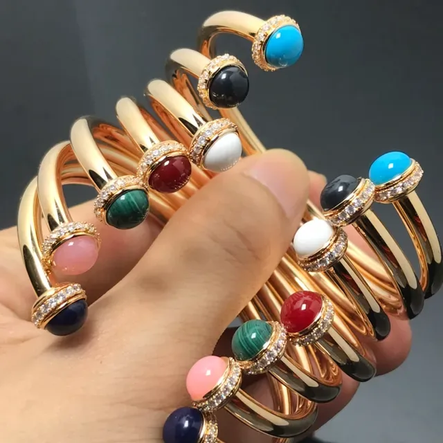 Gold Multicolor Open Cuff Cabochon Gemstone Center Bracelet 6
