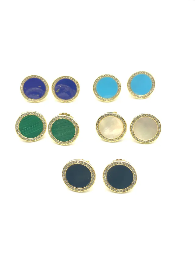 Gold Multicolor Oval Cabochon Stones Pavé Halo Setting Earrings 2